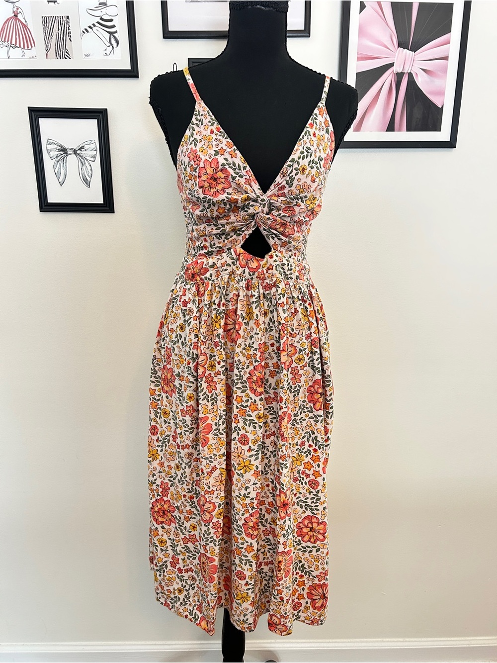 Angie Floral Cutout Midi Dress in Pink, Cream & Yellow